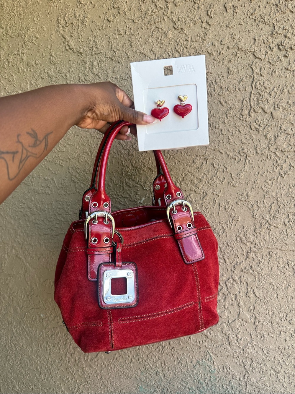 Tignanello Red Suede Top-Handle Handbag& Zara earrings